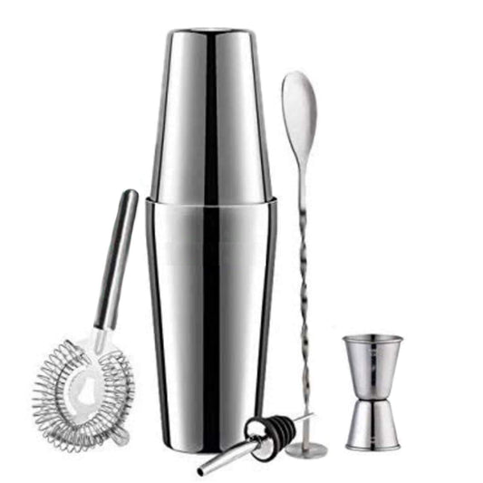 Rudra Exports Stainless Steel Cocktail, Martini, Drink, Boston Shaker Double Measuring Jigger, Mixing Spoon Bartender Kit - Set 6 Piece