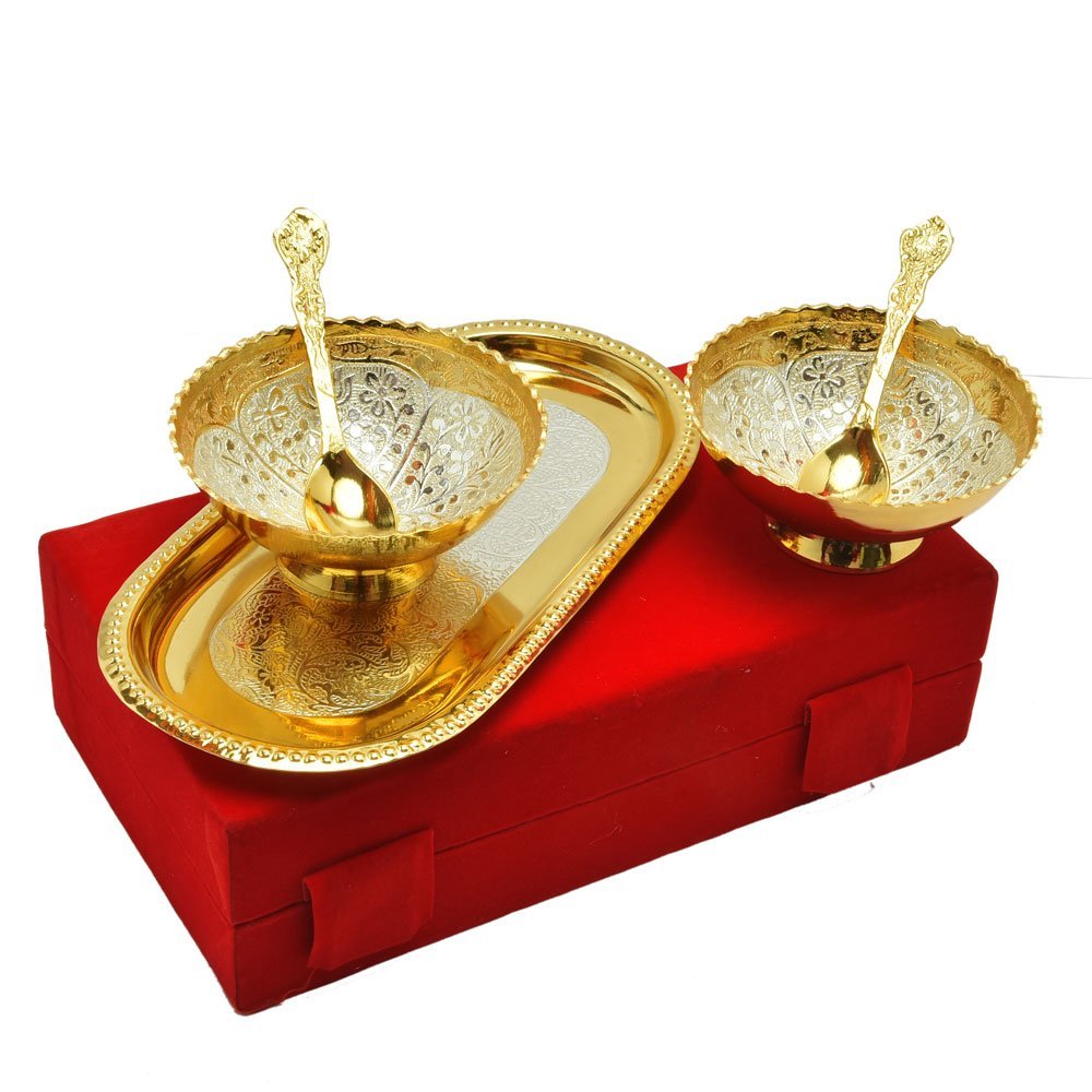 Rudra Exports Gold an Silver Plated Brass Bowl Flower Design Set of 5 Pcs with Box Packing
