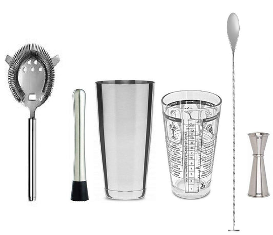 Rudra Exports Bar Essentials Set with Boston Shaker, Coin Spoon, Japanese Jigger Peg Measure 30-60 ml, Muddler & Cocktail Strainer: 6 Pcs