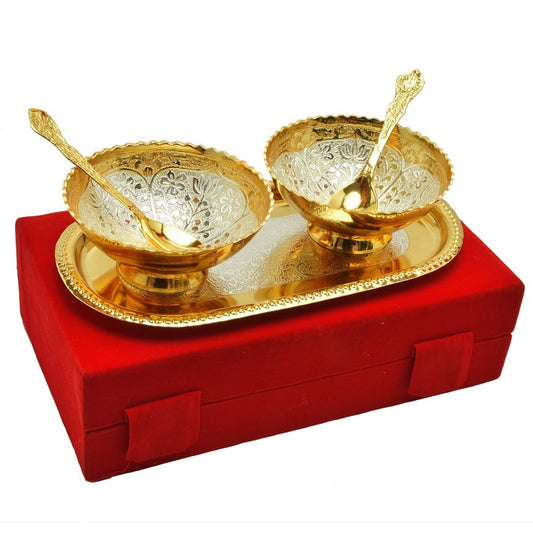 Rudra Exports Gold an Silver Plated Brass Bowl Flower Design Set of 5 Pcs with Box Packing