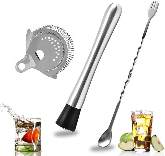 Rudra Exports Stainless Steel Cocktail Muddler Set, Spiral Fork Mixing Spoon & No Prong Bar Strainer, Home Bar Bartender Muddling Tool Set: 3 Pcs Set