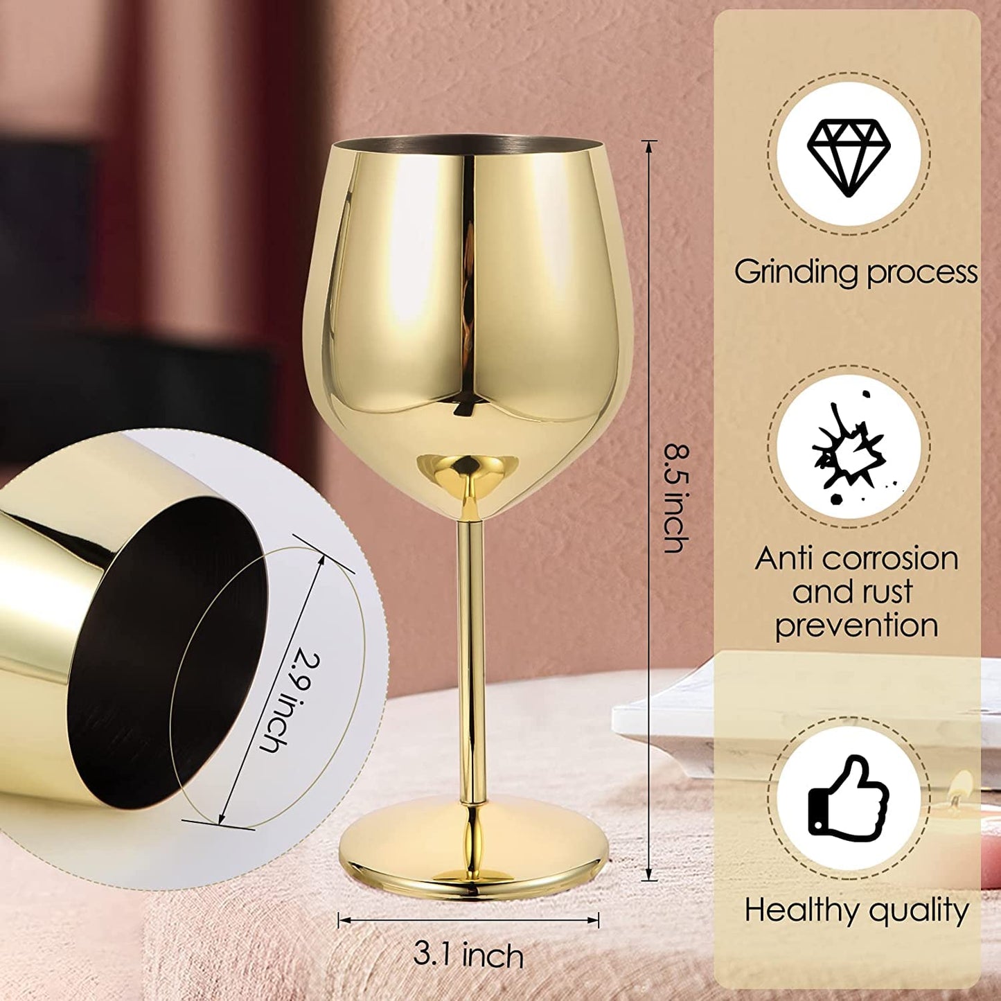 Rudra Exports Stainless Steel Stemmed Wine Glasses 350 ml, Unbreakable Wine Glass Goblets, Gift for Men and Women, Party Glasses - 350 ml (Gold)