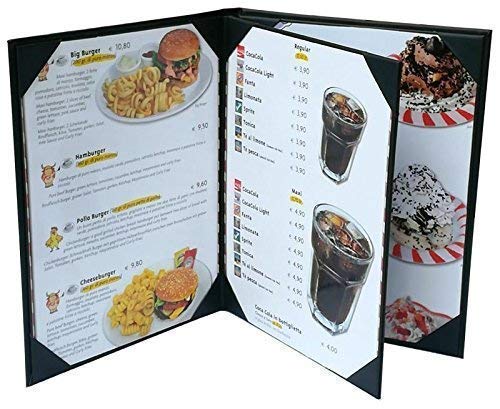 Rudra Exports Restaurant Leather Menu Covers Holders 9x12" Inches 3 panel 4 view folder, Menu Presenters for Restaurants with Photo Album-Style Corners: Black