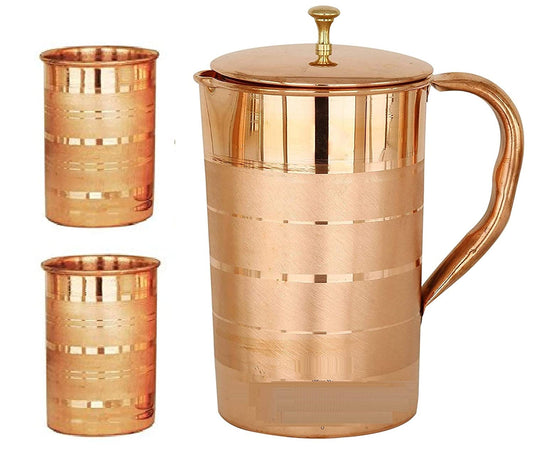 Rudra Exports Brass Knob Copper jug with Glasses Copper jug for Water with 2 Glass 1500 ml