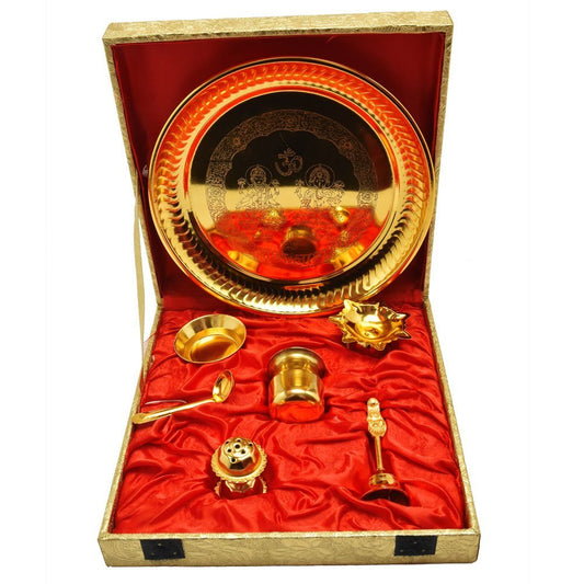 Rudra Exports Gold Plated Pooja Aarti Thali with Gift Box (Size 23.6 X 23.6 X 6.3 cm) (Gold)
