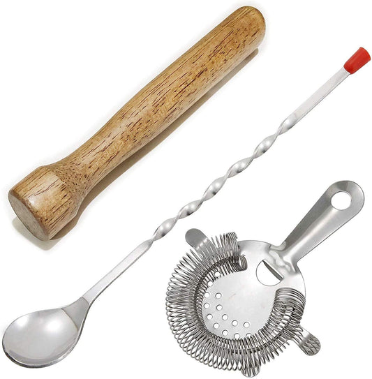 Rudra Exports Bartender Kit for Cocktail Making with 10" Muddler, 11" Stainless Steel Mixing Spoon, Strainer,Mojitos Drinks Bar Kitchen Tools: 3 Pcs