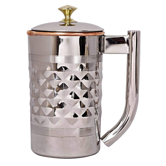 Rudra Exports Diamond Pure Copper Steel Water Jug Pitcher with Stainless Steel Outer and Pure Copper Inside Handmade 1600ML/1.6 Litre