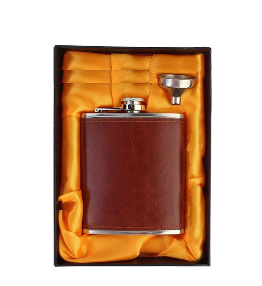 Rudra Exports Stainless Steel and Stitched Leather Hip Flask 8 Oz (230 Ml) for Men (Brown)