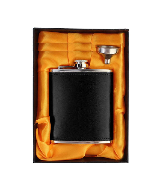Rudra Exports Stainless Steel and Stitched Leather Hip Flask 8 Oz (230 Ml) Gift Set for Men