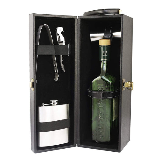 Rudra Exports Travel Bar Set |Portable Leatherette Bar Set |Wine Case |Whisky Case | Wooden Bar Set for Picnic | Portable Bar Accessories Set (Black)