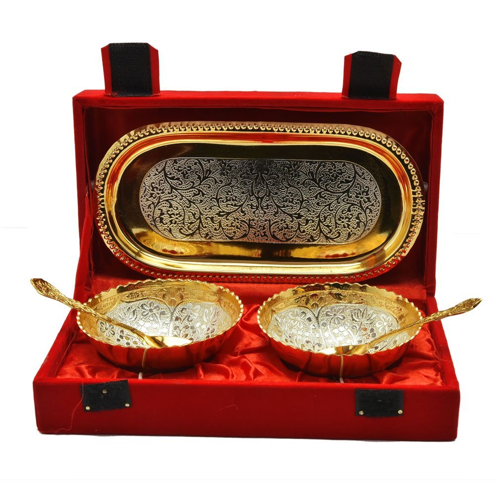 Rudra Exports Gold an Silver Plated Brass Bowl Flower Design Set of 5 Pcs with Box Packing