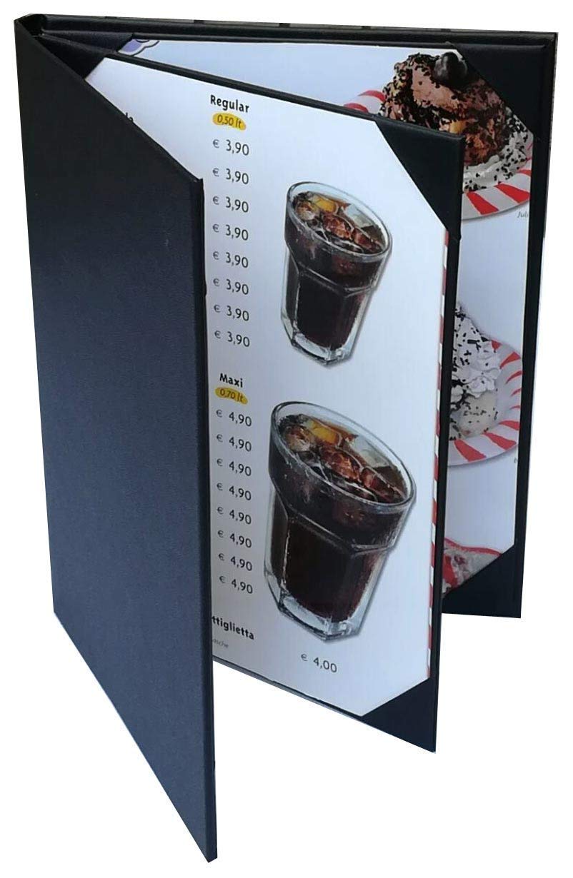 Rudra Exports Restaurant Leather Menu Covers Holders 9x12" Inches 3 panel 4 view folder, Menu Presenters for Restaurants with Photo Album-Style Corners: Black