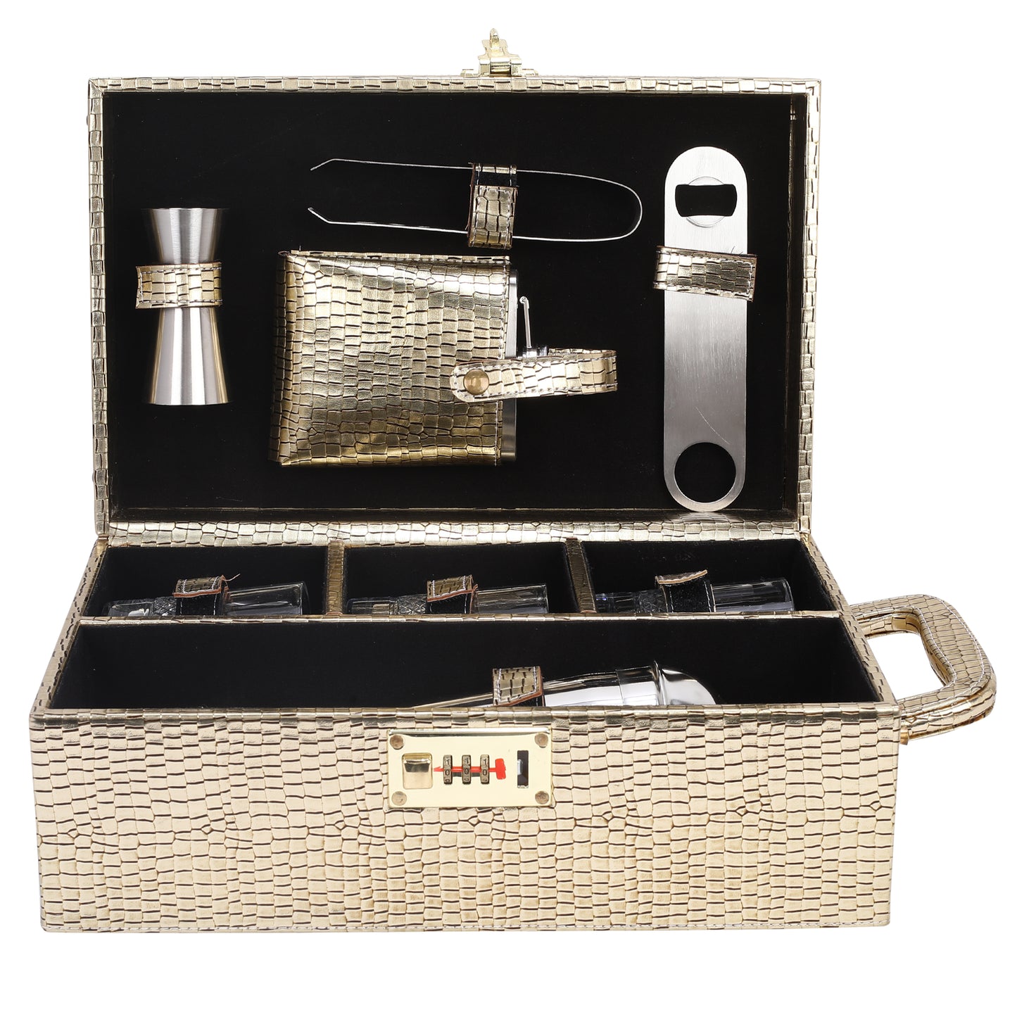 Rudra Exports 3 Glasses Bar Set | Travel Bartender Kit | Portable Leatherette Bar Set for Car, Home,Bar Tools Set (Golden)