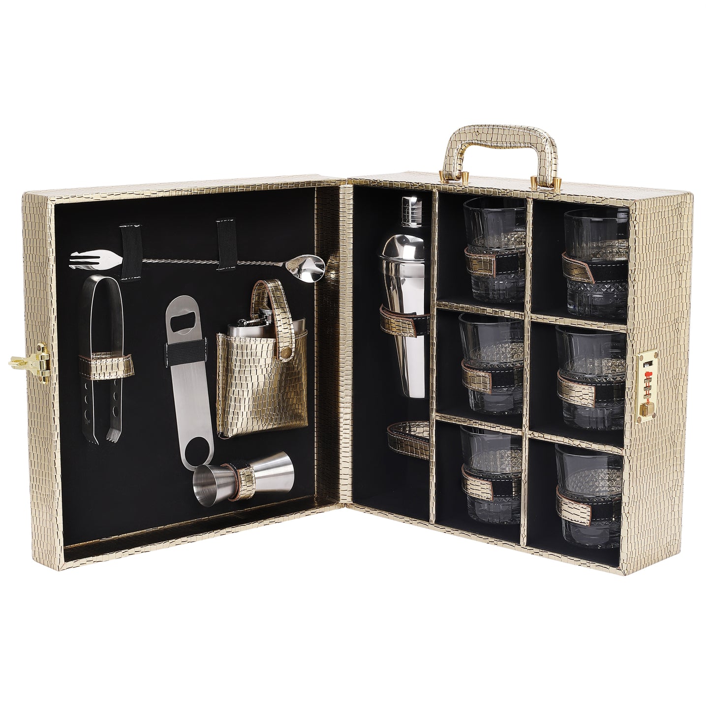 Rudra Exports Premium Bar Set ,Portable Leatherette Bar Set, Travel Bar Set for car | 6 Whiskey Glasses (Golden)