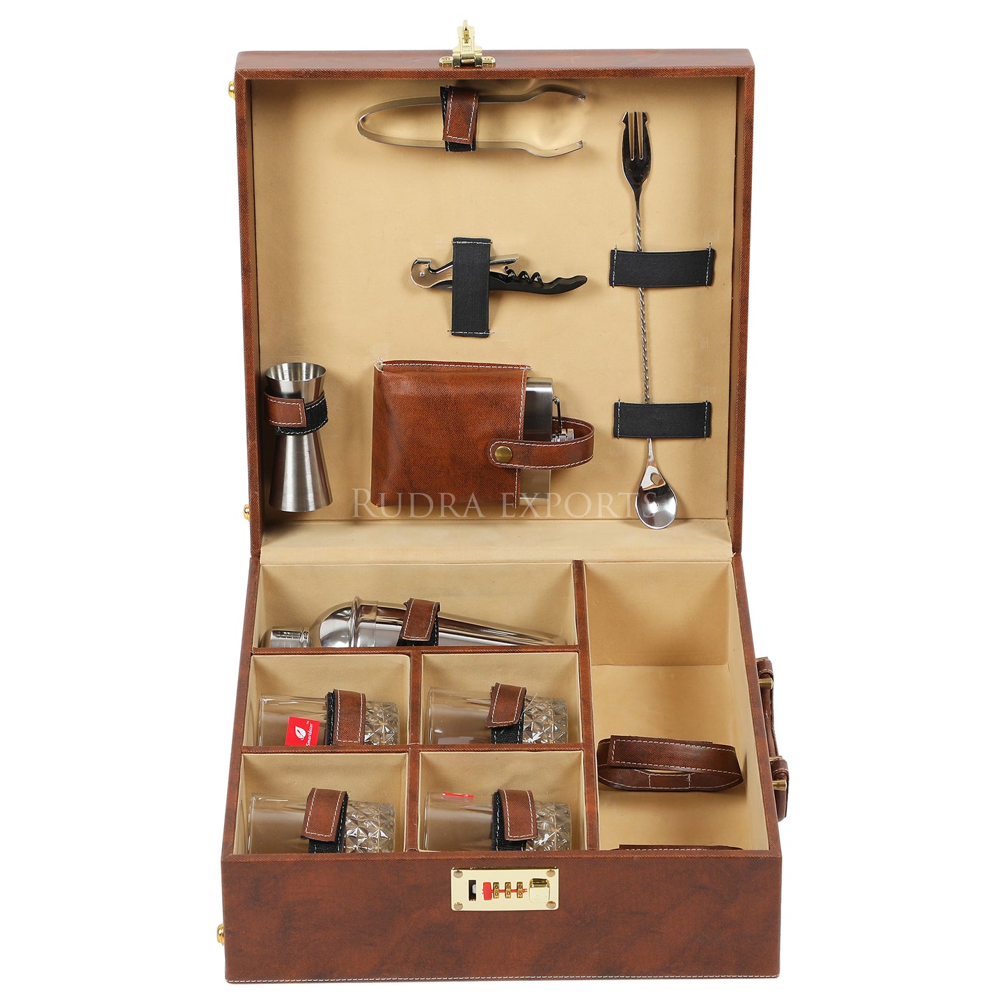 Rudra Exports Portable Leatherette Bar Set | Whisky Case | Wooden Bar Set for Picnic | Travel Bar Set (Holds 01 Bottle & 4 Whisky Glasses) Brown