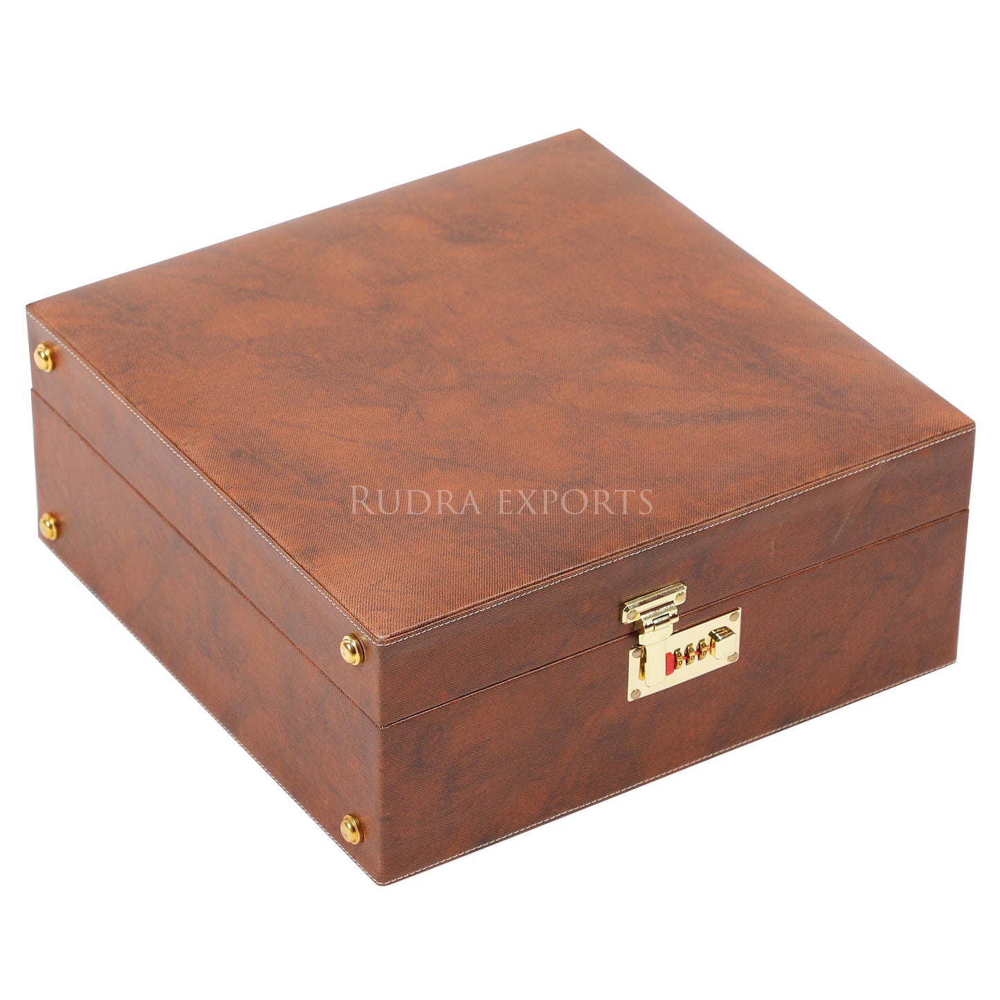 Rudra Exports Portable Leatherette Bar Set | Whisky Case | Wooden Bar Set for Picnic | Travel Bar Set (Holds 01 Bottle & 4 Whisky Glasses) Brown