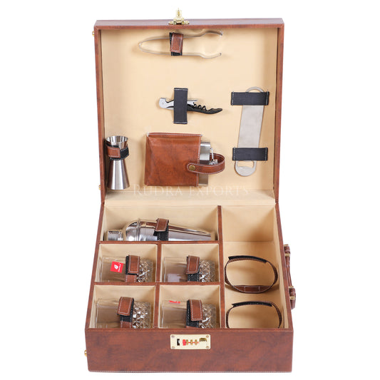Rudra Exports Bar Set | Portable Leatherette Bar Set I Travel Bar Sets I Holds 01 Bottle & 04 Whisky Glasses (Brown)