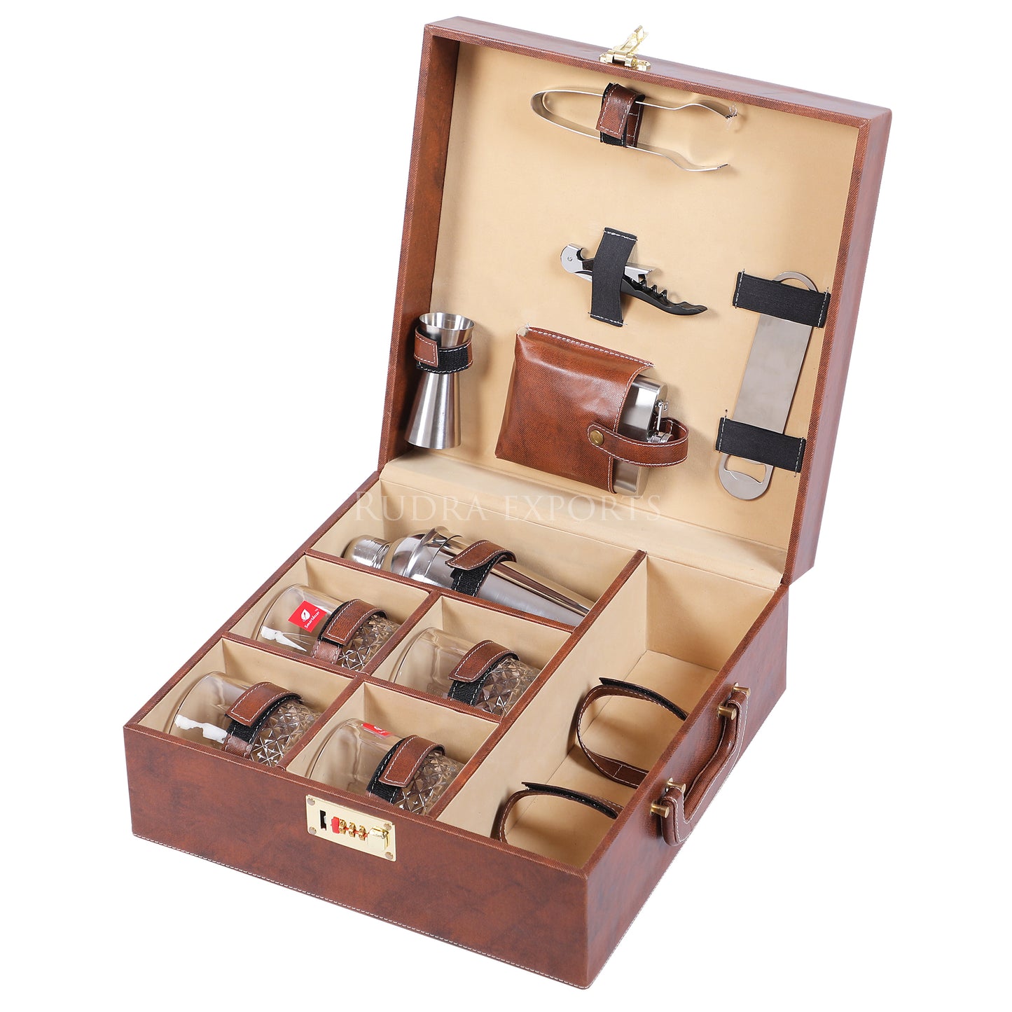 Rudra Exports Bar Set | Portable Leatherette Bar Set I Travel Bar Sets I Holds 01 Bottle & 04 Whisky Glasses (Brown)