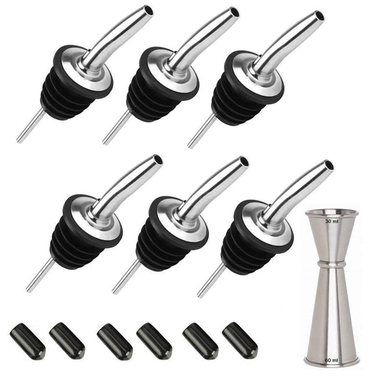 Rudra Exports Metal Bottle Pourers, Perfect for Restaurant, Bar, Hotel, Kitchen use with Black dust Cover and Peg Measurer 30-60 ml: 13 Pcs Set