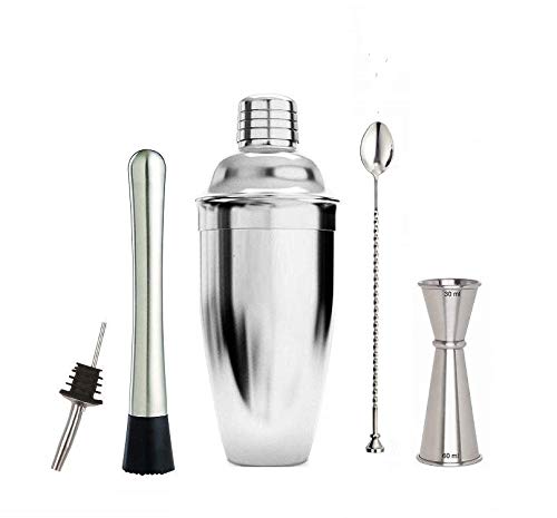 Rudra Exports Stainless Steel Martini Shaker Muddler Spoon Mixing Spoon Coin Spoon Muddler Measuring Jigger Liquor Pourers with Dust Caps: 5 Pcs