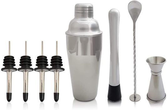 Rudra Exports Premium Cocktail Shaker with Stainless Steel Cobbler Shaker Mixing Spoon Muddler, 4 Pourers and Measuring Jigger Mixer: 8 Pcs