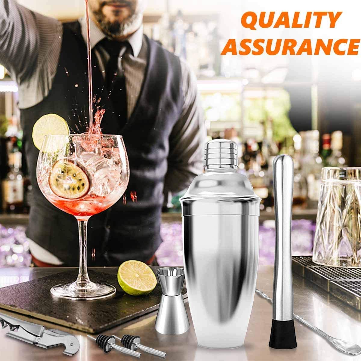 Rudra Exports Stainless Steel Martini Shaker Muddler Spoon Mixing Spoon Coin Spoon Muddler Measuring Jigger Liquor Pourers with Dust Caps: 5 Pcs