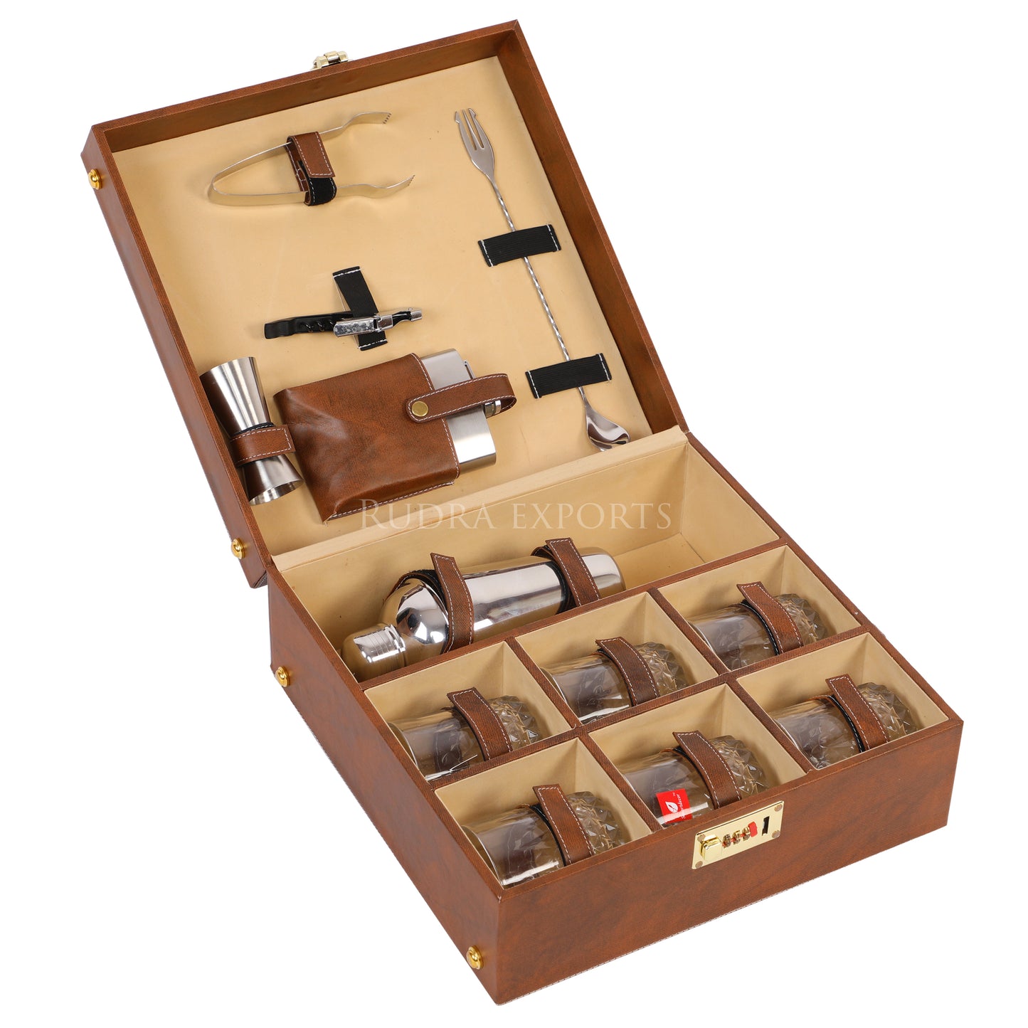 Rudra Exports Premium Bar Set with Bottle Handy Portable Leatherette Bar Set, Travel Bar Set for car | 6 Whiskey Glasses (Brown)