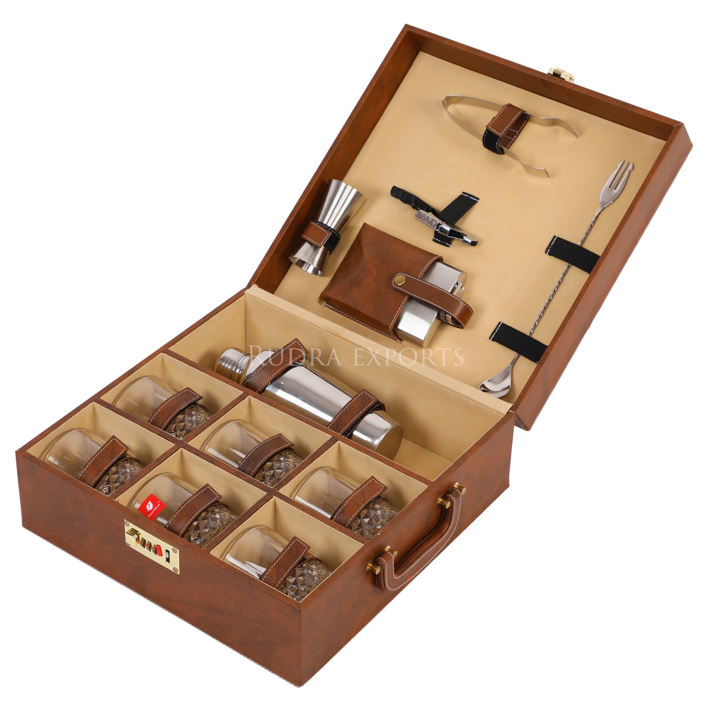 Rudra Exports Premium Bar Set with Bottle Handy Portable Leatherette Bar Set, Travel Bar Set for car | 6 Whiskey Glasses (Brown)