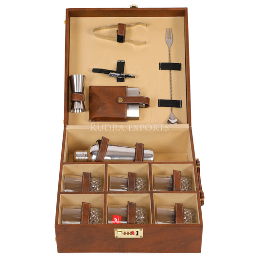 Rudra Exports Premium Bar Set with Bottle Handy Portable Leatherette Bar Set, Travel Bar Set for car | 6 Whiskey Glasses (Brown)