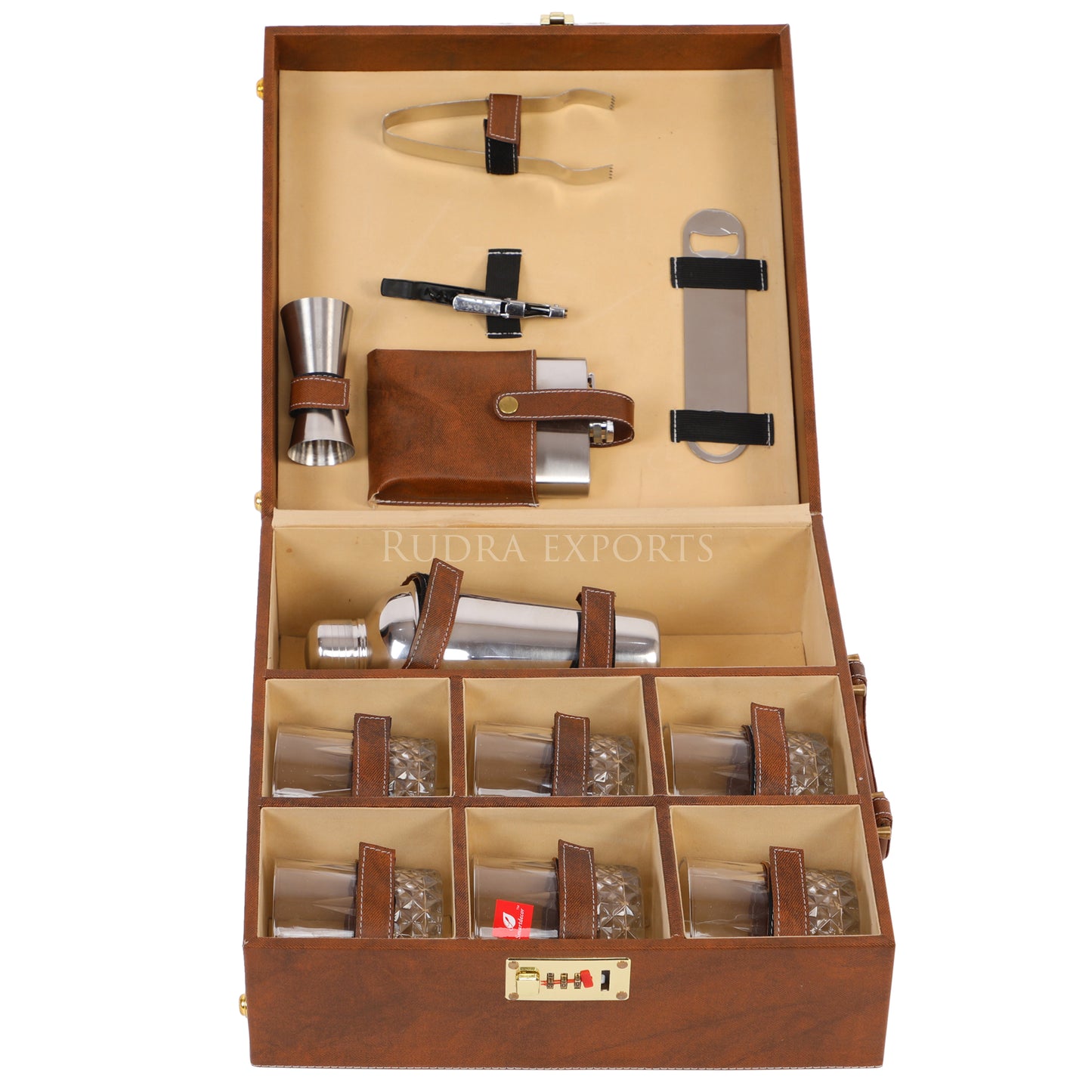 Rudra Exports 6 Glasses Brown Bar Set | Premium Bar Set , Portable Leatherette Bar Set, Travel Bar Set for car | Whiskey Glasses (Brown)