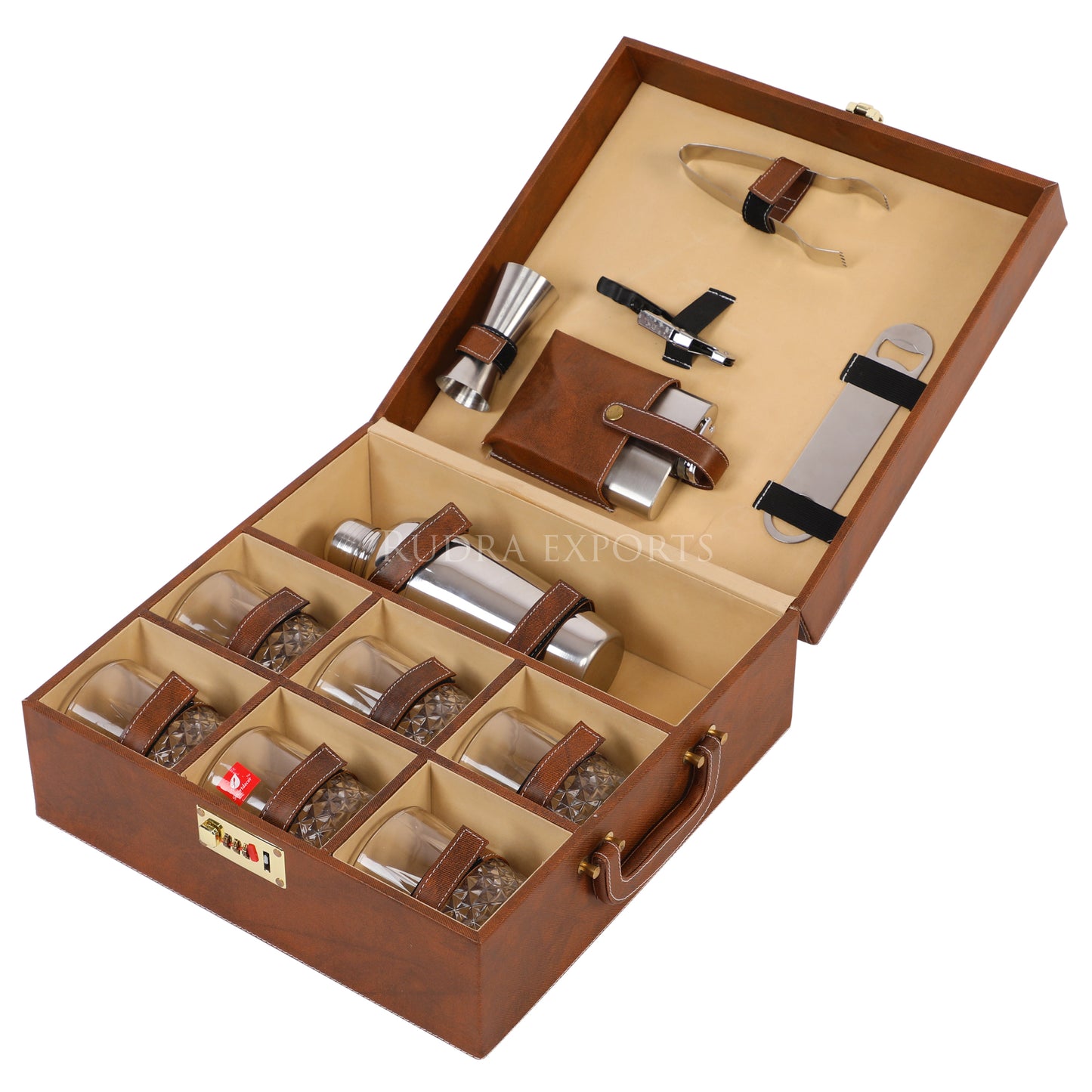 Rudra Exports 6 Glasses Brown Bar Set | Premium Bar Set , Portable Leatherette Bar Set, Travel Bar Set for car | Whiskey Glasses (Brown)