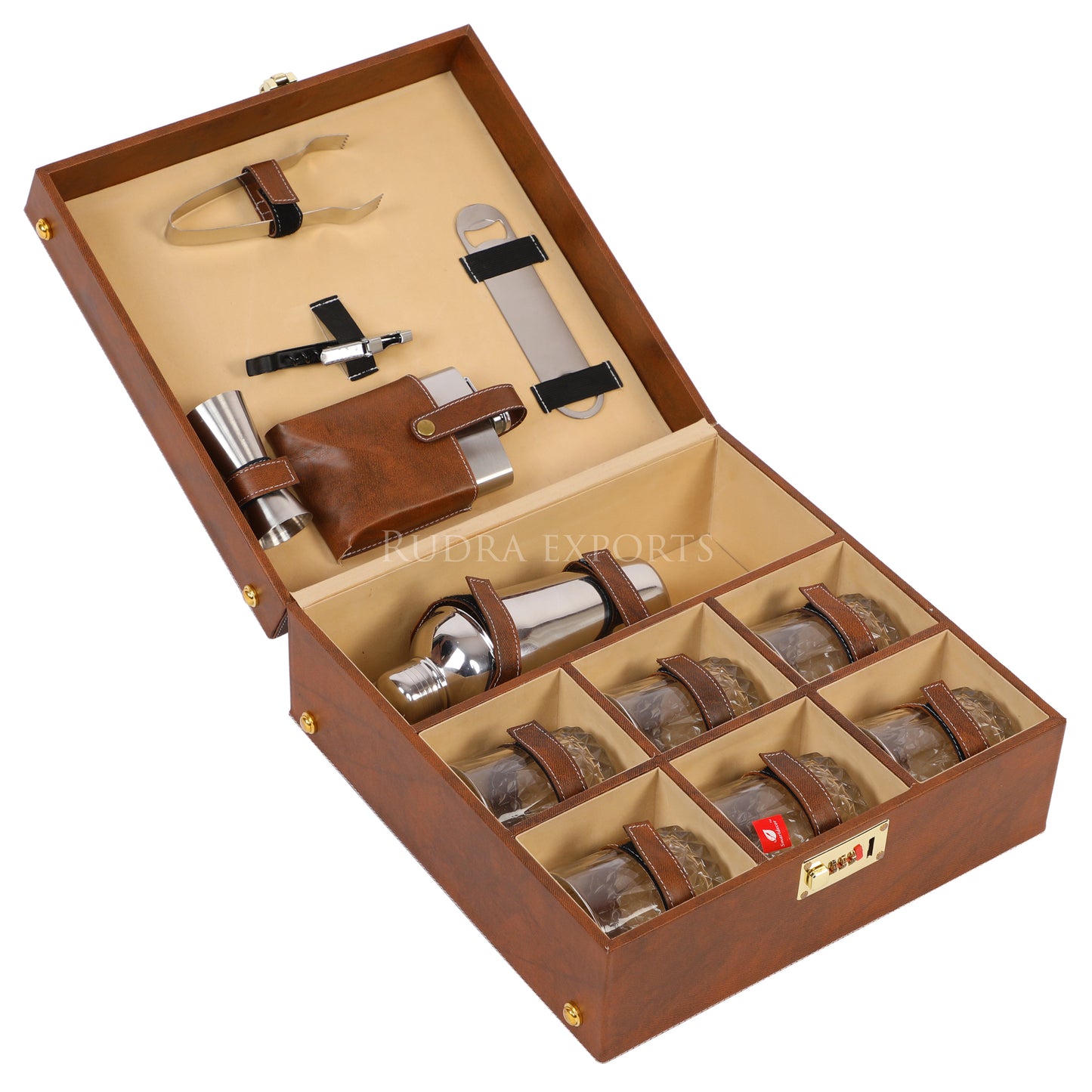 Rudra Exports 6 Glasses Brown Bar Set | Premium Bar Set , Portable Leatherette Bar Set, Travel Bar Set for car | Whiskey Glasses (Brown)