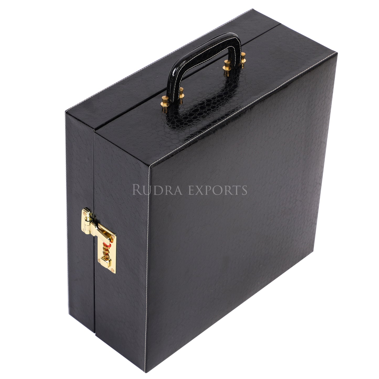 Rudra Exports Bar Set | Portable Leatherette Bar Set | Whisky Case | Wooden Bar Set for Picnic | Holds 01 Bottle & 04 Whisky Glasses (Black)