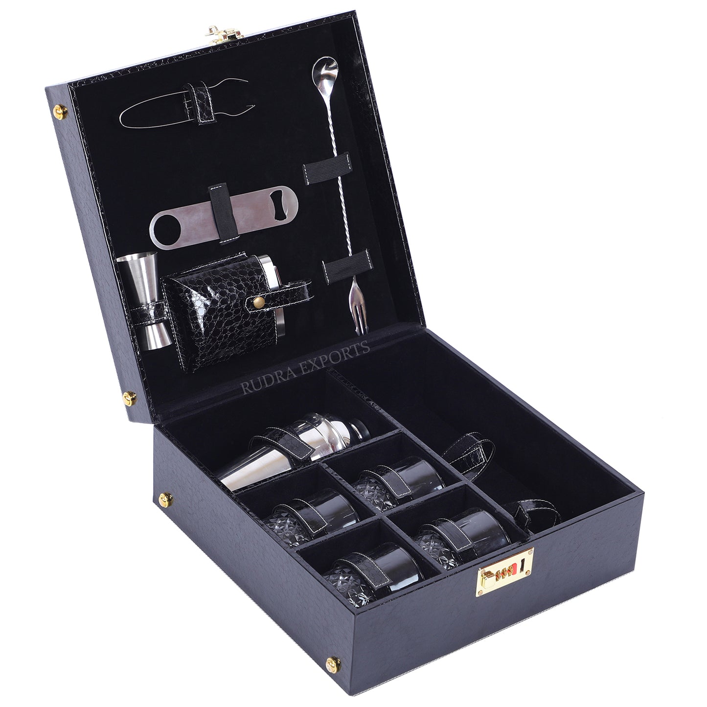 Rudra Exports Bar Set | Portable Leatherette Bar Set | Whisky Case | Wooden Bar Set for Picnic | Holds 01 Bottle & 04 Whisky Glasses (Black)