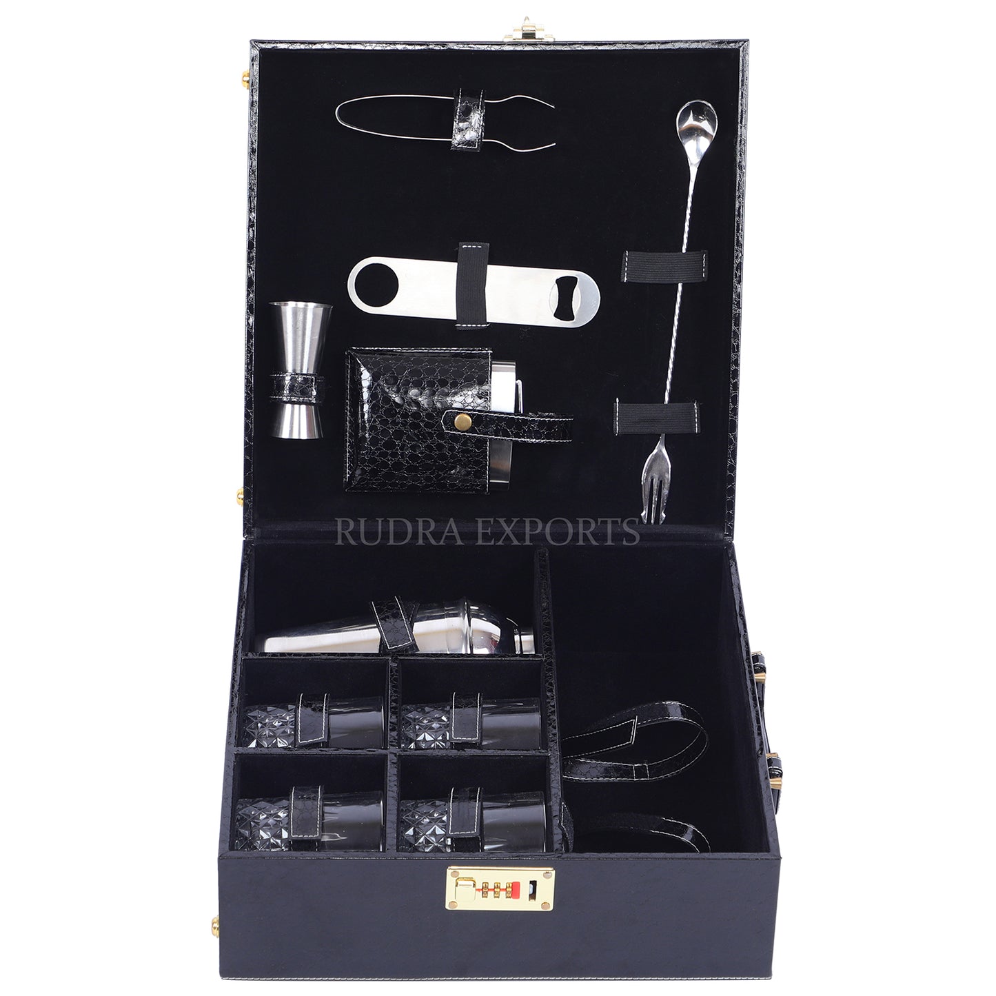 Rudra Exports Bar Set | Portable Leatherette Bar Set | Whisky Case | Wooden Bar Set for Picnic | Holds 01 Bottle & 04 Whisky Glasses (Black)