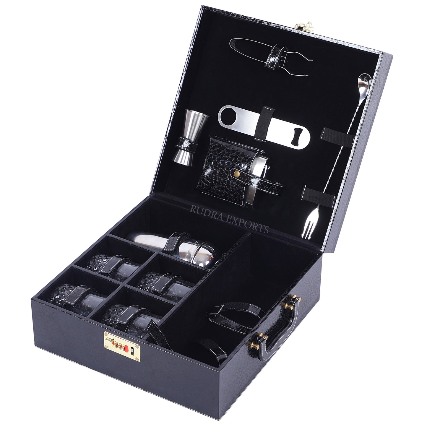 Rudra Exports Bar Set | Portable Leatherette Bar Set | Whisky Case | Wooden Bar Set for Picnic | Holds 01 Bottle & 04 Whisky Glasses (Black)
