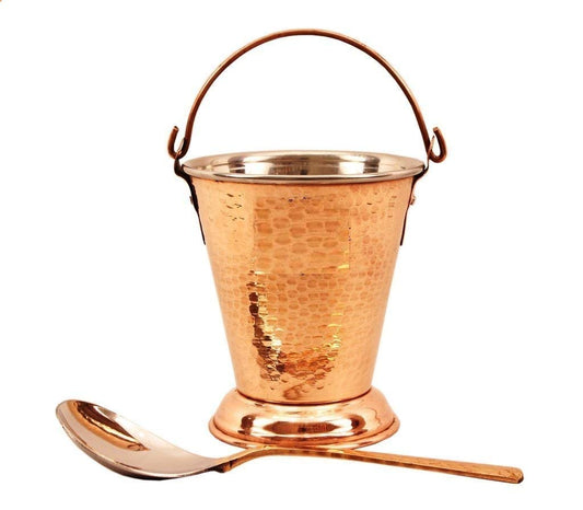 Rudra Exports Steel Copper Bucket Balti with 1 Steel Serving Spoon Indian Dishes Home Restaurant Hotel (400 ml)