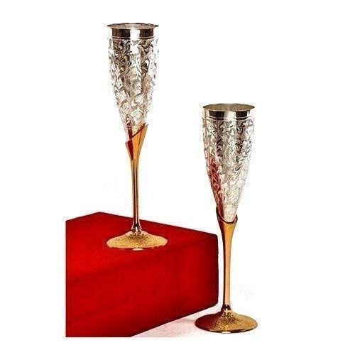 Rudra Exports Silver Plated Goblet Flute Wine Glass for Parties - Set of 2 (Silver and Gold 100 ML)