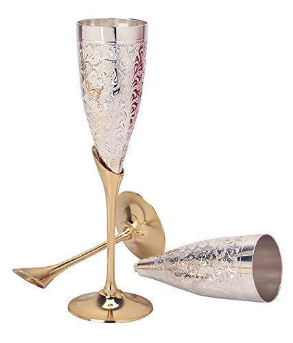 Rudra Exports Silver Plated Goblet Flute Wine Glass for Parties - Set of 2 (Silver and Gold 100 ML)