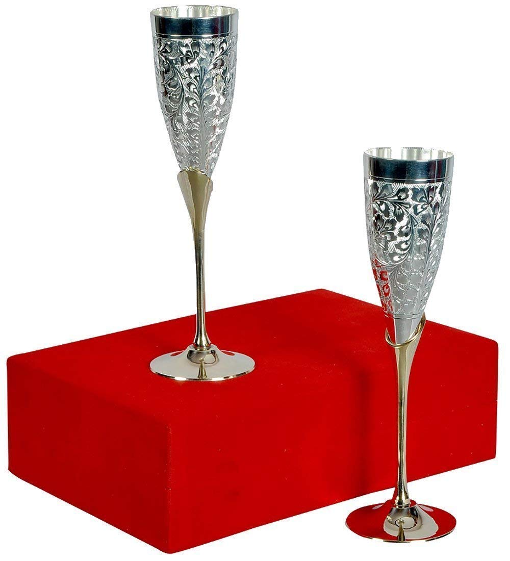 Rudra Exports Silver Plated Goblet Flute Wine Glass for Parties - Set of 2 (Silver and Gold 100 ML)