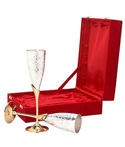 Rudra Exports Silver Plated Goblet Flute Wine Glass for Parties - Set of 2 (Silver and Gold 100 ML)
