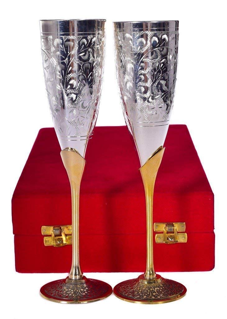 Rudra Exports Silver Plated Goblet Flute Wine Glass for Parties - Set of 2 (Silver and Gold 100 ML)