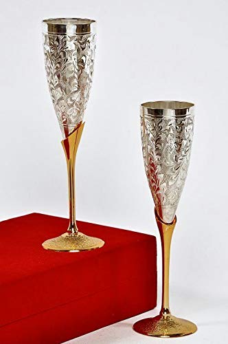 Rudra Exports Silver Plated Goblet Flute Wine Glass for Parties - Set of 2 (Silver and Gold 100 ML)