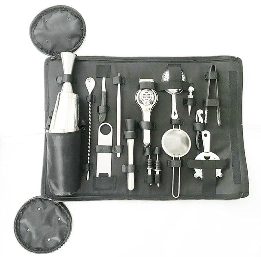 Rudra Exports Roll Up Mixologist Bar Tool Set with 16 Tools (Black Bag)