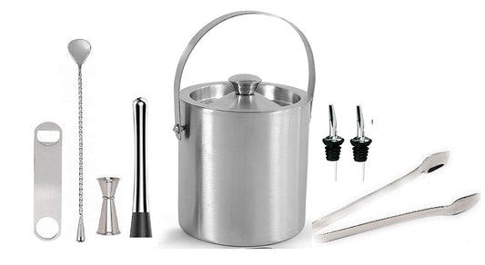 Rudra Exports Bar Set for Drink Mixing Bar Tools: Ice Bucket Peg Measurer 30-60 ml Teardrop Bar Spoon Ice Tong Bottle Opener Pourer Muddler: 8 Pcs Set