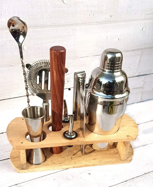 Rudra Exports Wooden Stand Bar Sets Stainless Steel Bar Set, Bartender Tools Cocktail Shaker Set (10 Pieces)