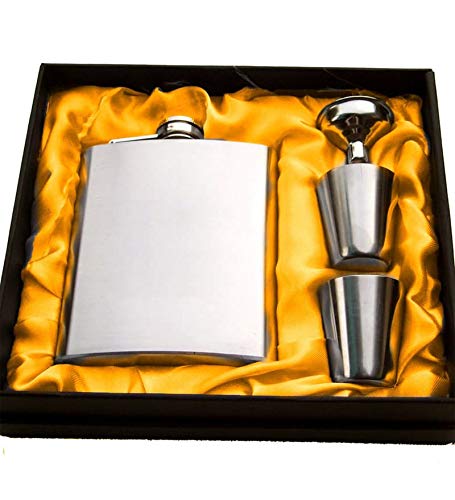 Rudra Exports Stainless Steel Hip Flasks, Liquor or Wine Whiskey Alcohol Drinks Holder Pocket Bottle with Funnel and Two Shots Glasses  - 210 ML