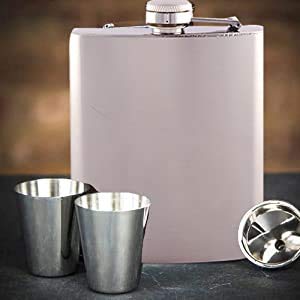 Rudra Exports Stainless Steel Hip Flasks, Liquor or Wine Whiskey Alcohol Drinks Holder Pocket Bottle with Funnel and Two Shots Glasses  - 210 ML