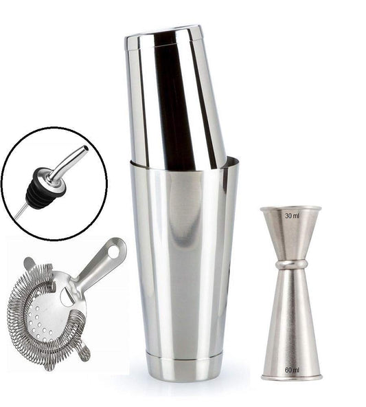 Rudra Exports Bartender Tools Kit, Professional Boston Shaker Set with Hawthorne Strainer and Japanese Jigger : 5 Pcs Set