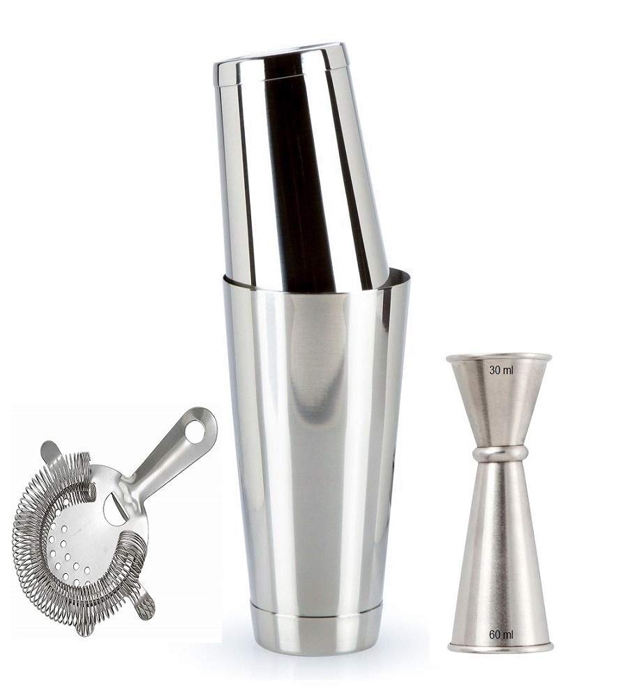 Rudra Exports Bartender Tools Kit, Professional Boston Shaker Set with Hawthorne Strainer and Japanese Jigger : 5 Pcs Set
